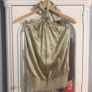 WHBM gold sleeveless silk top with neck tie